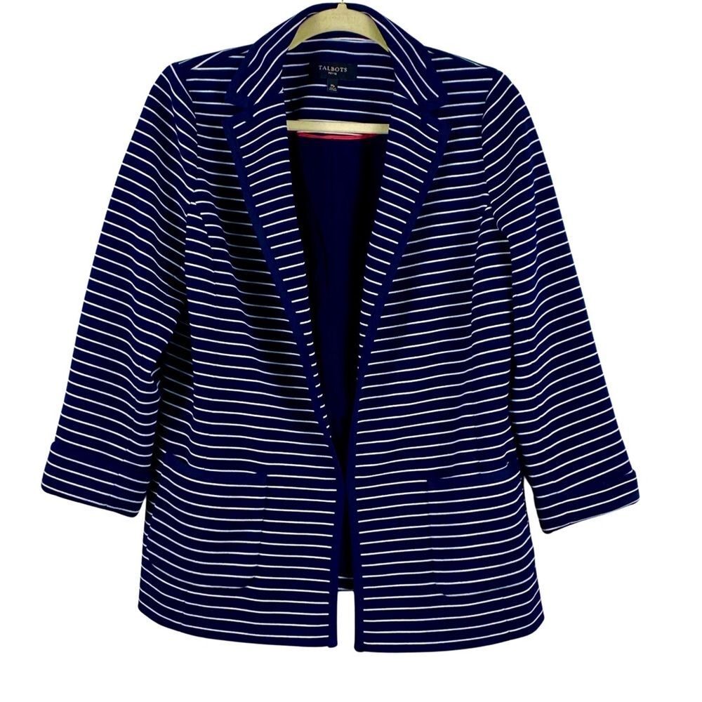 Talbots Navy White Stripe Sweater Blazer‎ Jacket Petite Medium